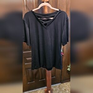 Black V-Neck T-Shirt with Crisscross Front detail.